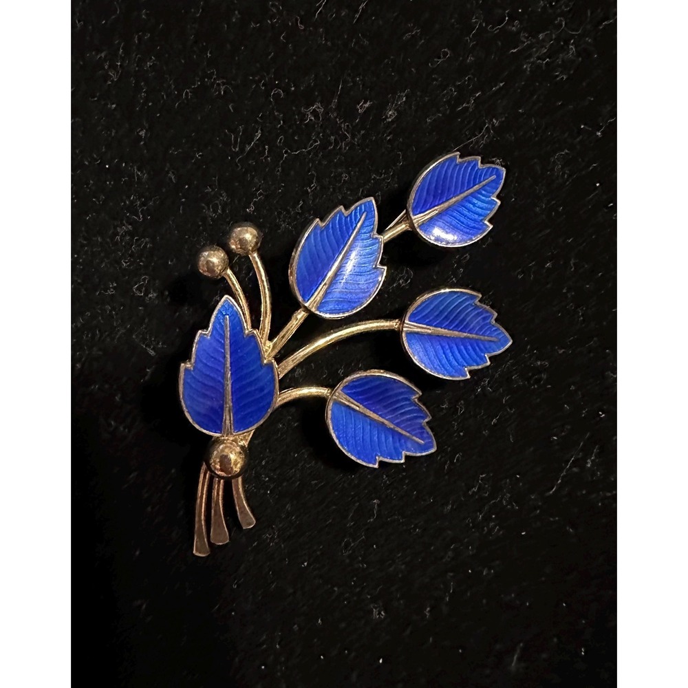 Jemax Denmark Sterling Silver & Blue Enamel Leaf Pin